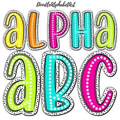 the alphabet letters are colorful and have polka dots on them, as well as numbers that spell