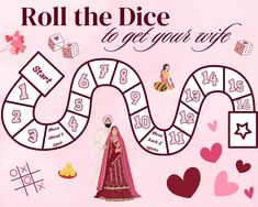 a game board with the words roll the dice to get your wife on valentine's day