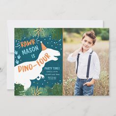 a card with a photo of a young boy wearing a party hat