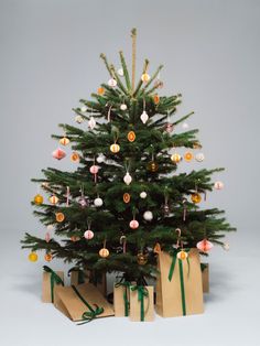 a small christmas tree with presents under it on a white background, surrounded by brown paper bags