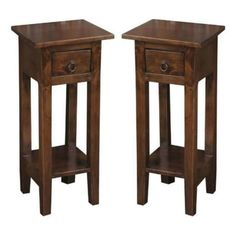 two wooden side tables with one drawer open and the other closed, both in dark wood