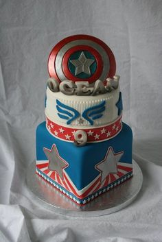 three tiered cake decorated with captain america symbols