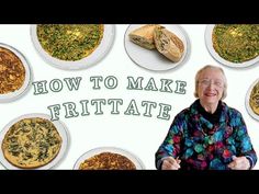 an older woman standing in front of a display of frittatae pies