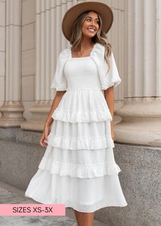 Short sleeve white dotted tiered dress Modest Graduation Outfit, Cute Church Dresses, Modest White Dress, White Tiered Dress, Photoshoot Dresses, Christian Outfits, Picnic Inspo, Pretty White Dresses, Saving Strategies