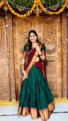 Traditional Dhavani Designs, Narayanpet Lehenga, Dhavani Designs, Onam Outfits Ideas, Lehenga Traditional, Onam Dress, Onam Outfits, South Indian Blouse Designs, Long Frock Designs