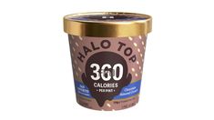 halo top 300 calories ice cream in a gold tin with chocolate on the bottom