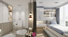 a bedroom with a teddy bear sitting on the floor