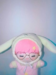 a stuffed animal with glasses and a pink outfit