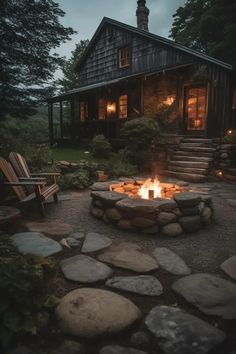 a fire pit in front of a house