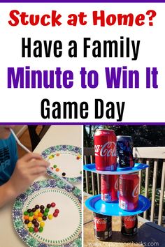 a collage of pictures with the words stuck at home? have a family minute to win it game day