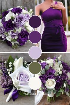 purple and white wedding bouquets with different colors for the bride's color scheme