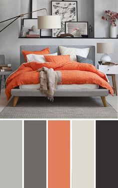 a bedroom with orange and gray colors