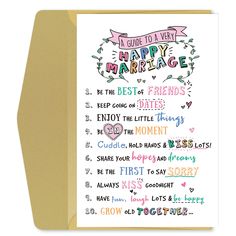 a card with the words happy marriage written in different colors and font, on top of an envelope