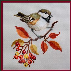 a cross stitch picture of a bird on a branch with berries