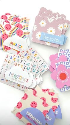 several different types of paper and stickers on a white surface with the words happy birthday