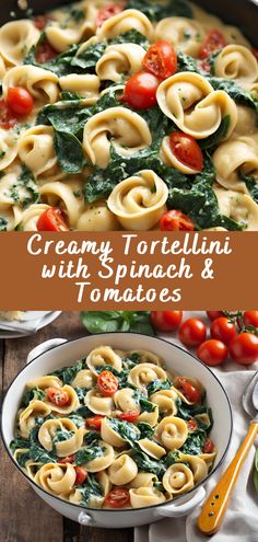 creamy tortellini with spinach and tomatoes in a skillet