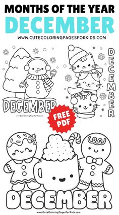 a christmas coloring page with hello kitty and other cartoon characters in the background text reads, months of the year december