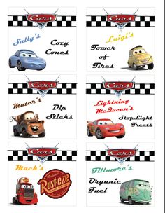 cars and trucks name tags with the names of each vehicle in different colors, sizes and shapes