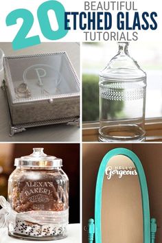 some glass jars are sitting next to each other and the words, 20 beautiful etched glass containers