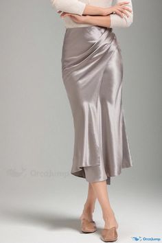 Orcajump - Elegant Vintage Irregular Pleated Silk Skirt with Asymmetrical Hemline Elegant Asymmetrical Silk Draped Skirt, Silk Fitted Asymmetrical Skirt, Elegant Satin Asymmetrical Skirt, Asymmetrical Silk Pleated Skirt, Luxury Silk Asymmetrical Skirt, Fishtail Skirt, Silk Skirt, Types Of Skirts, Silk