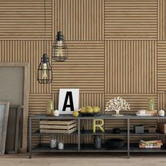 a shelf with books and other items on it in front of a wall made out of wood planks