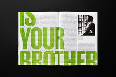 an open book with the words is your brother written in green and black on it