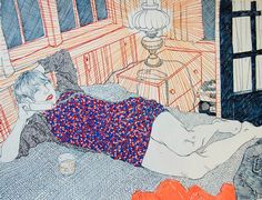 a drawing of a person laying on a bed next to a table with a lamp