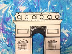 a drawing of the arc of triumph with blue and purple swirls in the background