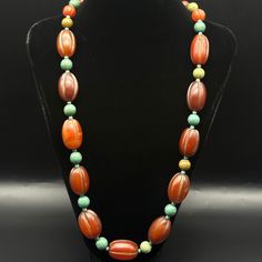 Lovely Old Ancient Afghani Natural Carnelian Beads With Small Turquoise Beaded Necklace Vintage Beaded Necklaces With Natural Turquoise Stones, Vintage Turquoise Beaded Necklace With Gemstone Beads, Vintage Turquoise Necklace With Round Natural Stones, Beaded Turquoise Necklace With Oval Beads, Brown Beaded Turquoise Necklace With Round Beads, Southwestern Style Beaded Necklaces With Natural Stones, Southwestern Style Beaded Necklaces With Round Natural Stones, Vintage Turquoise Gemstone Beaded Necklaces, Turquoise Beaded Necklace With Oval Beads