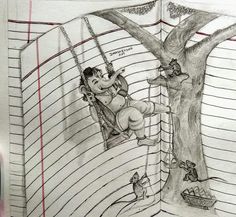 a pencil drawing of a boy on a swing in a tree with other children around him