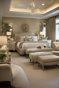 a bedroom with white furniture and chandelier above the bed is decorated in neutral colors