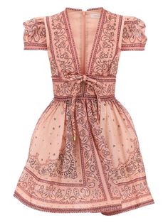 PKBA ZIMMERMANN BANDANA PRINT LINEN AND SILK BLEND MINI DRESS Dress With Bandana, Tulle Petticoat, Mid Skirt, Empire Waistline, Zimmermann Dress, Bow Back, Dress Crafts, Bandana Print, Pink Mini Dresses