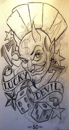 a drawing of a clown with dices in his mouth and the words lucky devil on it