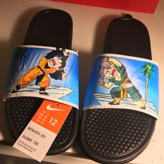 These Slides Were A Customers Request And They Came Out So Good That I Wanted To Sell More Of Them. I’m Sure Any Dbz Fans Remember This Classic Scene. Fuuuusion -Haa! Nike Slides With Round Toe And Rubber Sole, Nike Open Toe Sneakers, Nike Shoes Custom, Sliders Shoes, Nike Slippers, Sketch Images, Custom Shoes Diy, Air Shoes, Shoes Diy