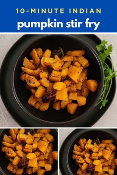 four pictures show how to make pumpkin stir fry