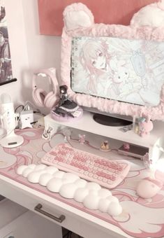 Cutecore aesthetic pc comupter setup anime Sanrio Pc Setup, Cutecore Aesthetic, Kawaii Desk, Pc Setups, Desk Inspo, Aesthetic Coquette, Cute Bedroom Decor, Kawaii Accessories, Kawaii Room