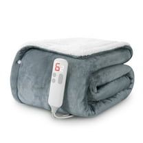 an electric heated blanket with thermometer on it's side, sitting on a white surface