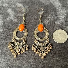 Boho Earrings. Nwt Orange Metal Earrings, Orange Pierced Metal Earrings, Orange Metal Pierced Earrings, Butterfly Fashion, Turquoise Hoop Earrings, Jewelry Boho, Sterling Silver Hoop Earrings, Dangling Earrings, Gold Sparkle