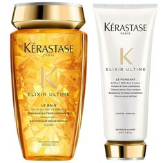 The Kérastase Elixir Ultime Le Bain Sublimating Oil Infused Shampoo and Fondant Beautifying Oil Infused Conditioner Duo Set is meticulously crafted to rejuvenate normal to dry, dull hair. This set includes an 8.5 oz shampoo and a 6.8 oz conditioner, both enriched with luxurious camellia and argan oils. Designed to activate shine, control frizz, and enhance overall hair health, this duo transforms your hair into a radiant, smooth masterpiece. Kerastase Shampoo And Conditioner, Kerastase Shampoo, Anti Frizz Hair, Dull Hair, Frizz Control, Hair Detangler, Argan Oil, Hair Health