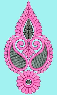 an embroidery design with pink flowers and leaves on a light blue background in the shape of a flower