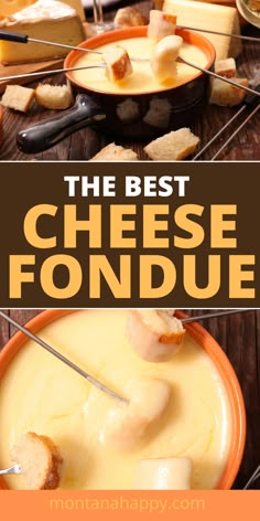 Fondue pot filled with cheese fondue with fondue forks with bread.  On the side of the pot is pieces of bread.  Overlay text The Best Cheese Fondue montanahappy.com Leftover Cheese, Easy Fondue, Fondue Dinner, Fruit Dips, Fondue Night, Fondue Recipes Cheese