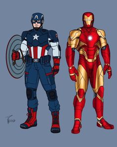 captain america and iron man standing next to each other