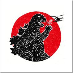 an image of a godzilla with a helicopter in the sky above it, on a red and white background