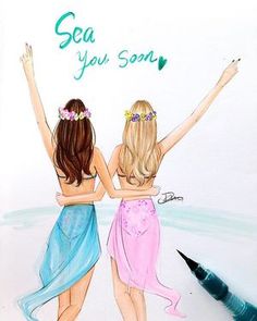 two girls with their arms in the air and one holding her hand up to say, sea you son