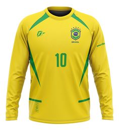 a yellow soccer jersey with green trims on the chest and shoulder, showing the number 10