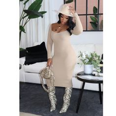 Long Sleeve Vintage Square Neck Rib Knit Maxi Dress Beige Bodycon Sweater Dress For Winter, Winter Beige Knee-length Bodycon Dress, Casual Beige Bodycon Dress For Fall, Beige Midi Length Bodycon Dress For Fall, Beige Non-stretch Midi Dress For Fall, Fall Beige Midi Bodycon Dress, Casual Winter Bodycon Dress, Casual Bodycon Midi Dress For Fall, Beige Knee-length Bodycon Dress For Fall