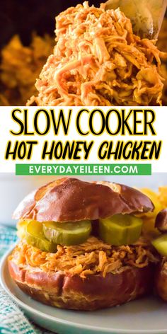 this slow cooker chicken sandwich is loaded with shredded meat, pickles and cheese