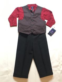 Hi & thanks for looking. For sale is a new with tag Toddler Boys Black & Red Plaid Vest Suit 4pc Dress Up Outfit.  Outfit includes a plaid vest with faux pockets on front, a button up shirt, a striped clip on tie and pants with an elastic waistband.  4 Piece set Vest: 100% polyester Shirt: 55/45% cotton-polyester Pants: 100% polyester Tie: 100% polyester Vest Suit, Polyester Shirt, Plaid Vest, Dress Up Outfits, Polyester Pants, Suit Vest, Red Plaid, Button Up Shirt, Toddler Boys