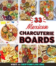 mexican charcuterie boards with the title overlaying them in red and white