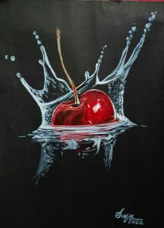 a painting of a cherry with water splashing on it